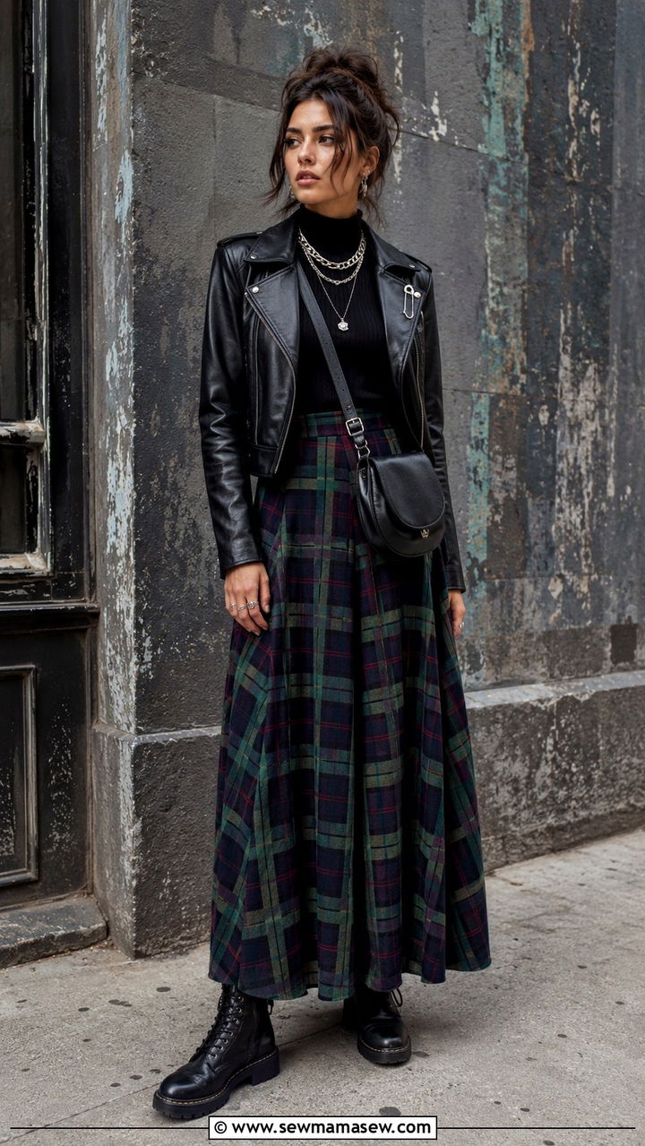 Tartan Maxi Skirt with a Leather Moto Jacket Outfit - 30 maximalist outfits 2026