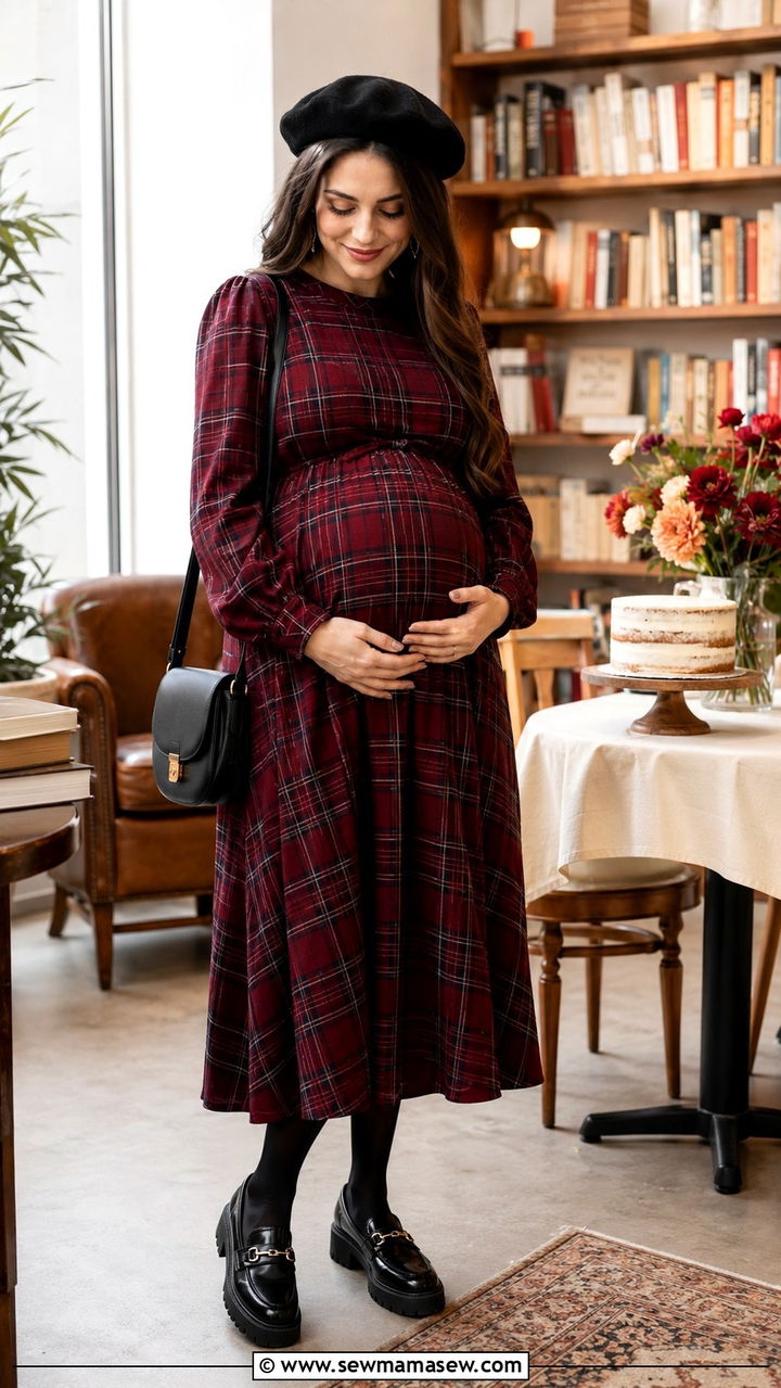 Tartan Midi Dress With Tights And Chunky Loafers - 25 seasonal baby shower outfit ideas