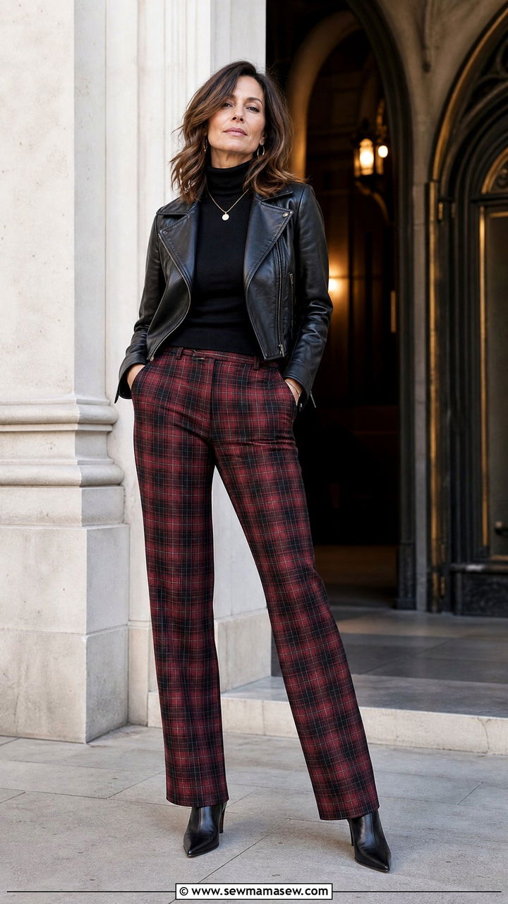 Tartan Plaid Trousers with a Black Turtleneck and Leather Jacket - 25 grunge outfit ideas for women over 40