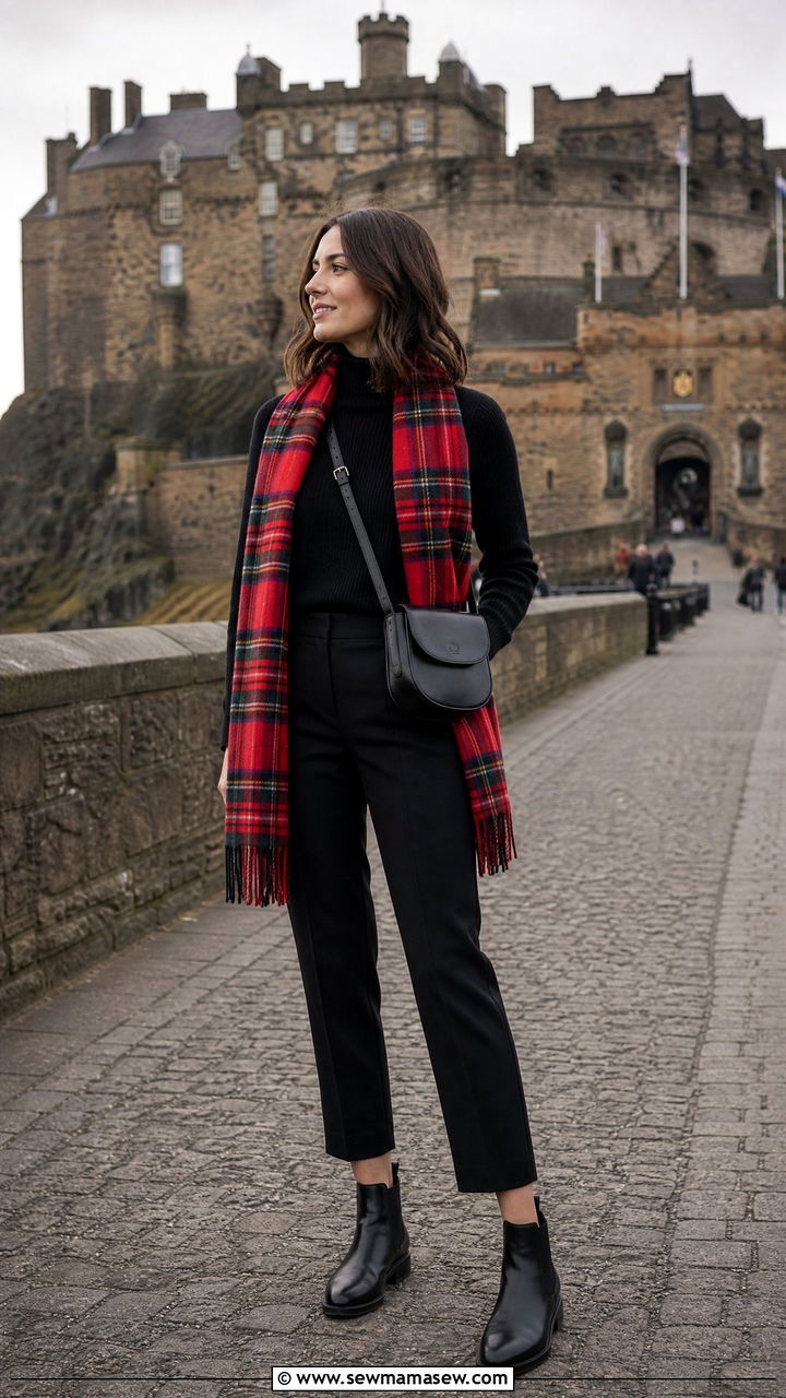 Tartan scarf and black trousers - 30 Edinburgh outfit ideas