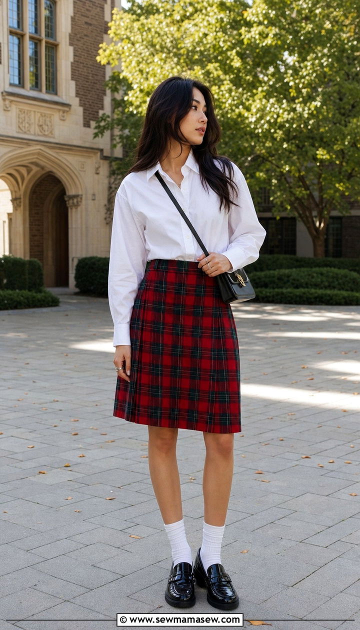 Tartan skirt with white shirt and loafers outfit - 25 spring outfits 2026 women Pinterest