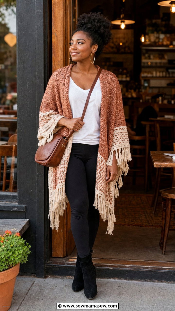 Tassel Shawl With Tee And Leggings Boho Look - 35 boho chic outfits ideas
