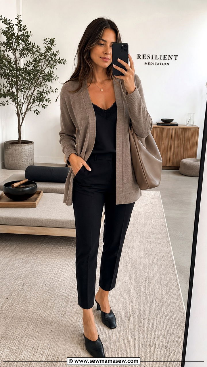 Taupe Cardigan And Black Trousers For Mediation - 30 Mediation outfit ideas