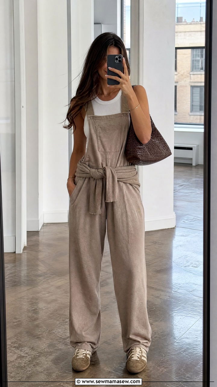 Taupe Cashmere Overalls and Ribbed White Tank With Ballerina Sneakers - 35 Gigi Hadid summer outfit ideas