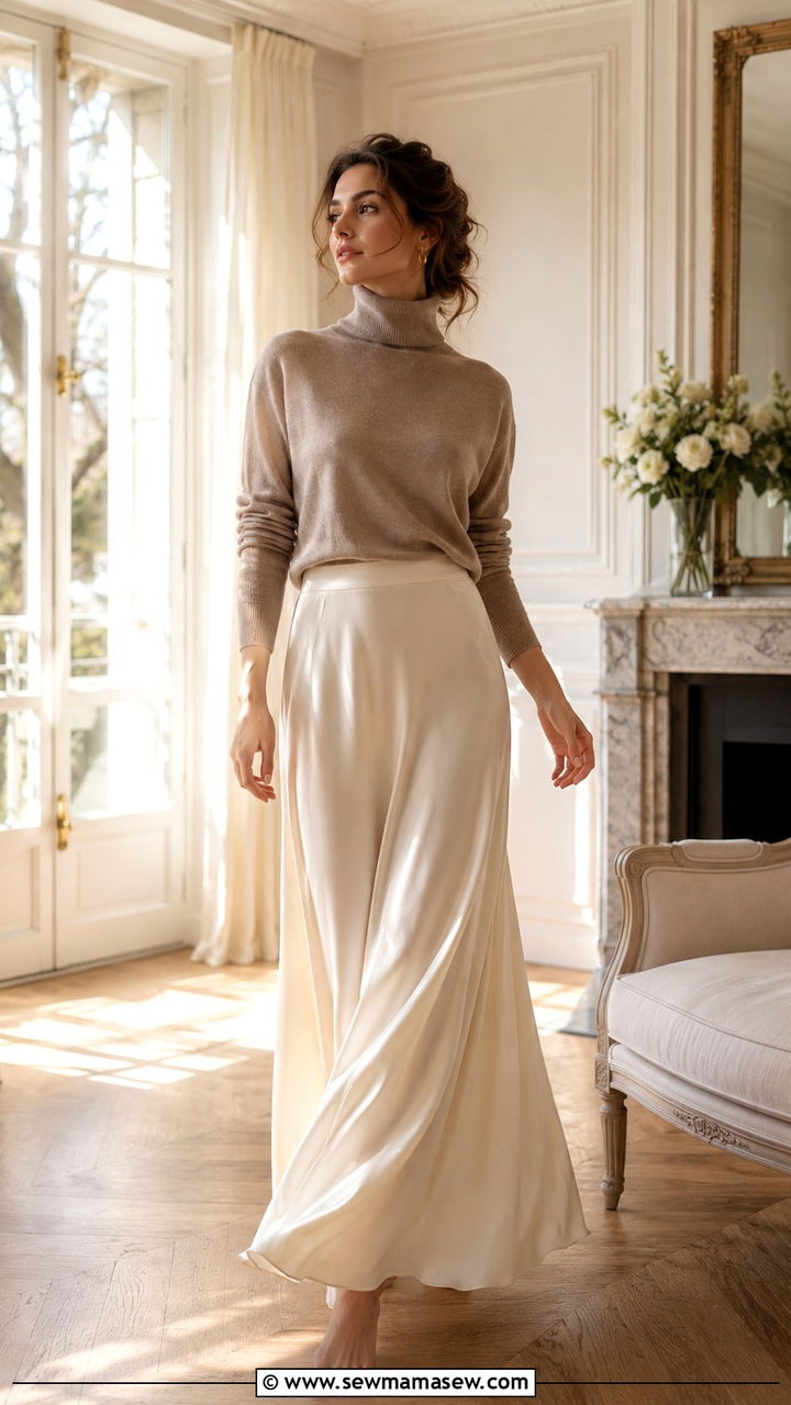 Taupe Cashmere Turtleneck With Ivory Silk Maxi Skirt - 30 Quiet luxury capsule wardrobe