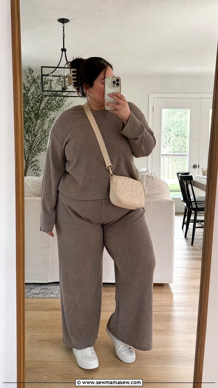 Taupe Co Ord Lounge Set and White Sneakers - 30 Clean girl outfits plus size