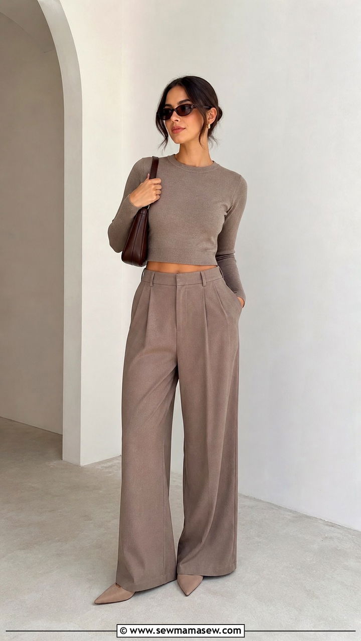 Taupe Cropped Knit and WideLeg Pants - 40 Minimalist outfit ideas