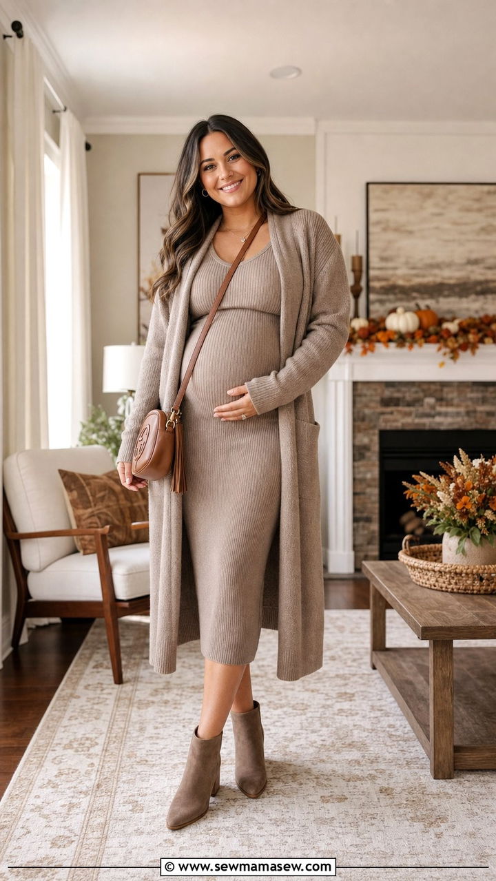Taupe Knit Dress and Cardigan Baby Shower Outfit - 35 Baby shower outfit ideas