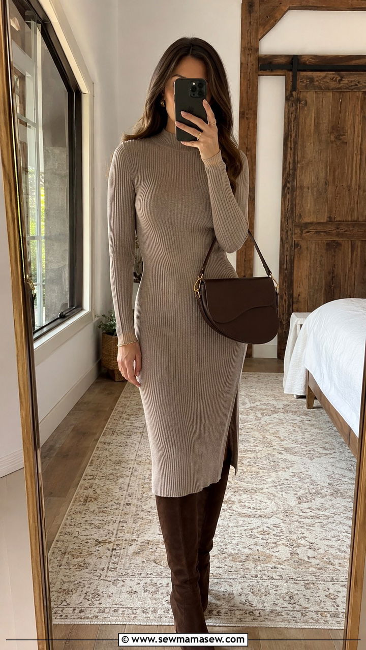 Taupe Knit Midi Dress With Knee High Boots - 30 Old money wedding guest outfits