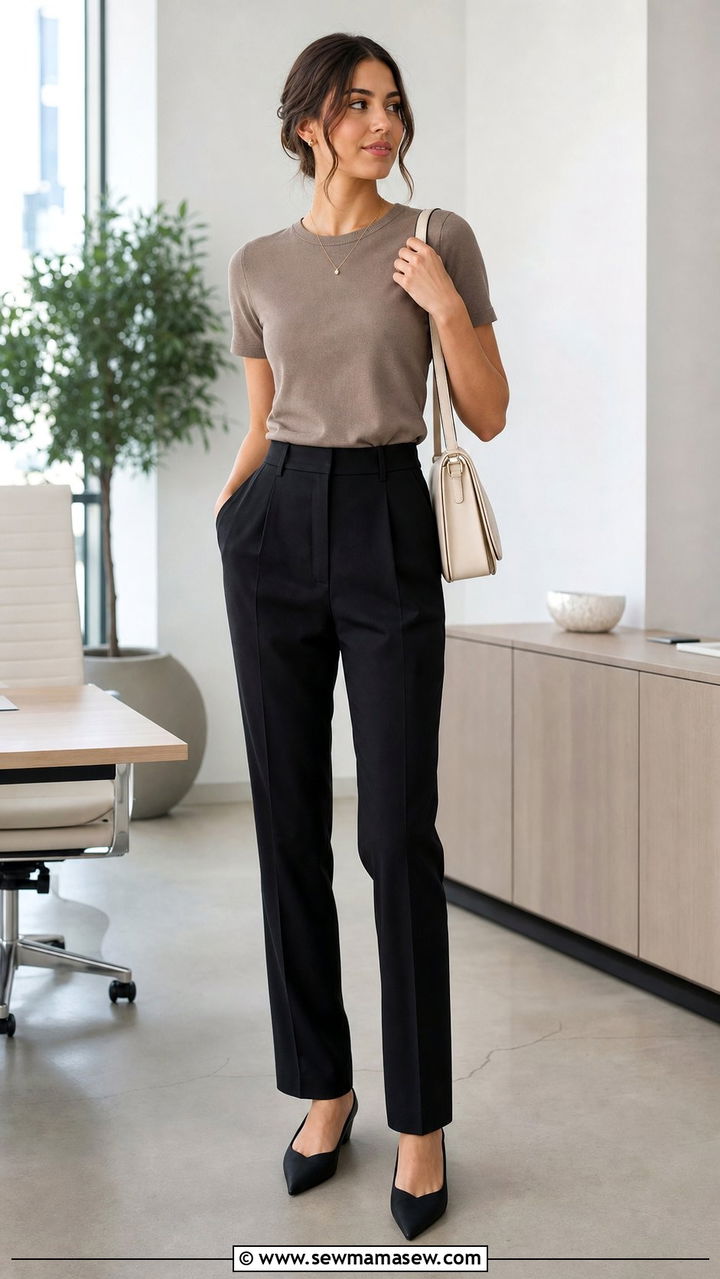 Taupe Knit Tee and Tailored Black Trousers Outfit - 35 Business casual outfits for first job