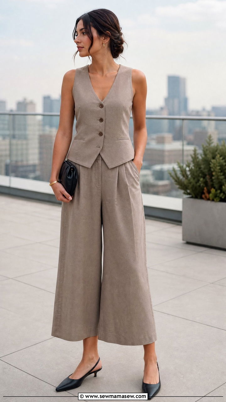 Taupe Linen Vest And Culottes Set - 35 Matching set outfit ideas for wedding guest