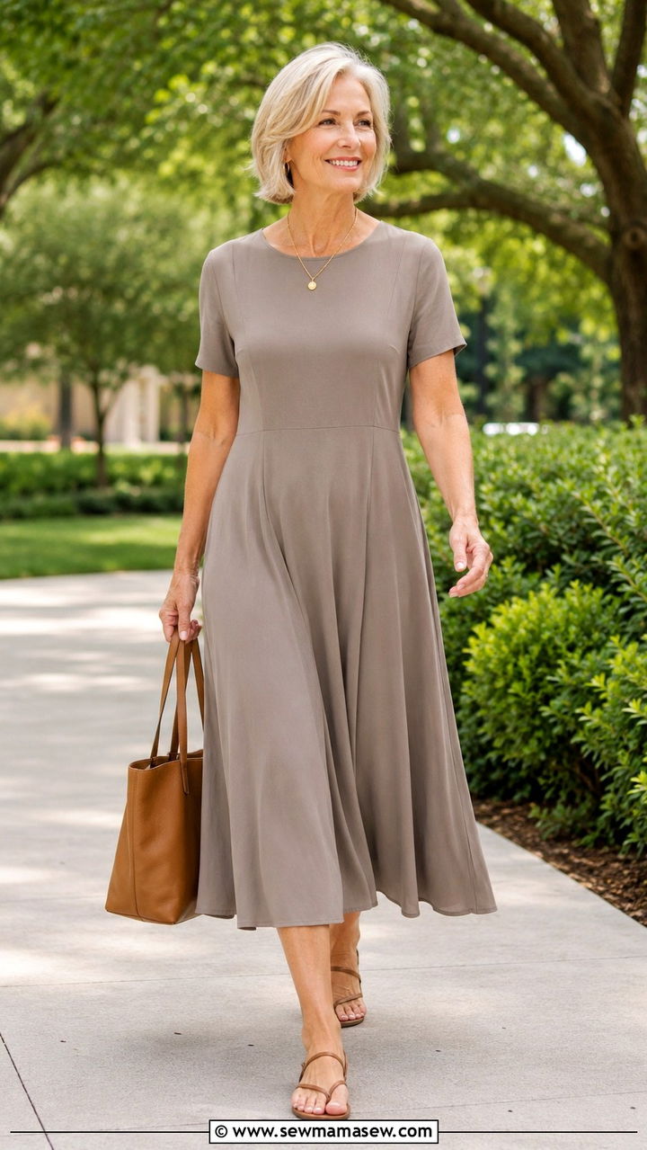 Taupe Midi Dress With Sandals Outfit - 30 Outfit ideas for women over 70