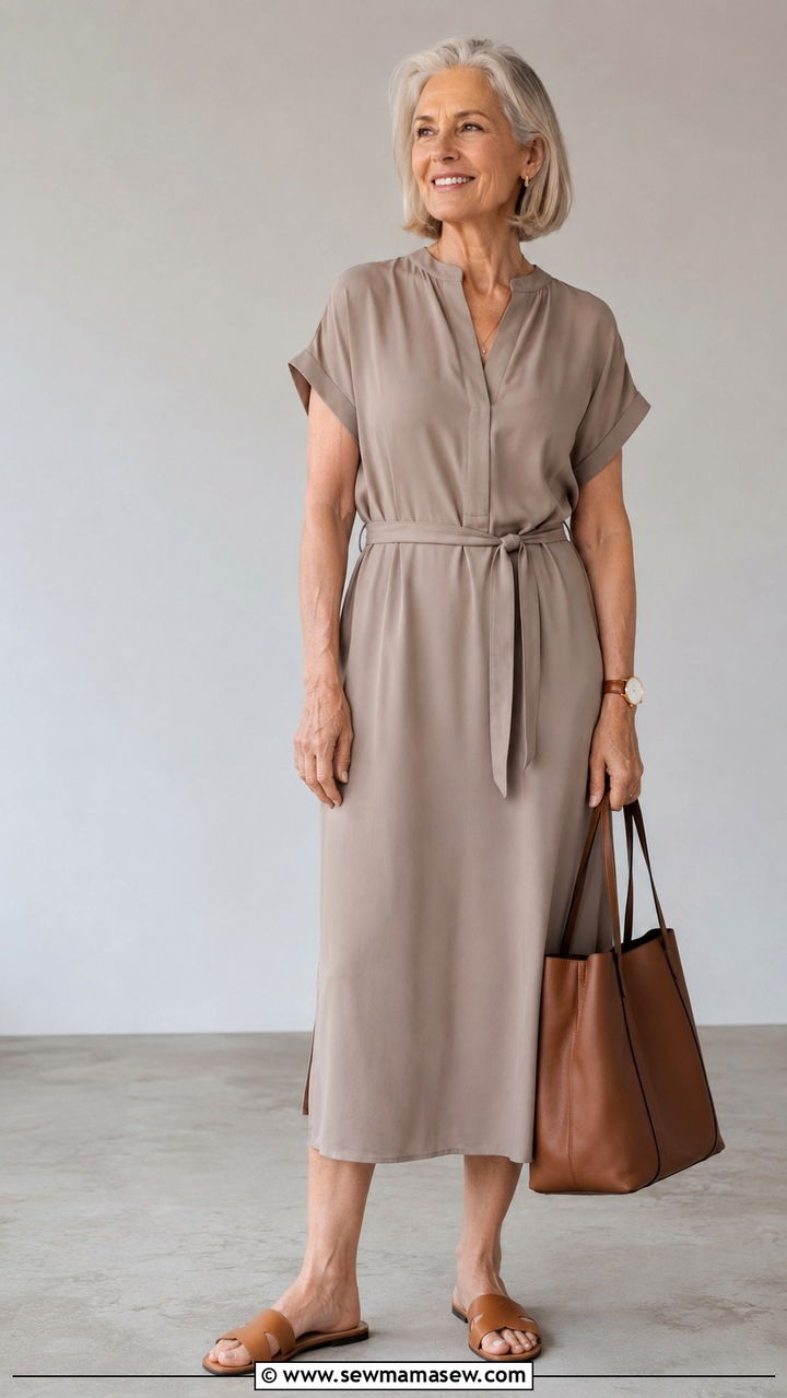 Taupe Midi Dress with Minimal Sandals - 30 Minimalist outfits for women over 60