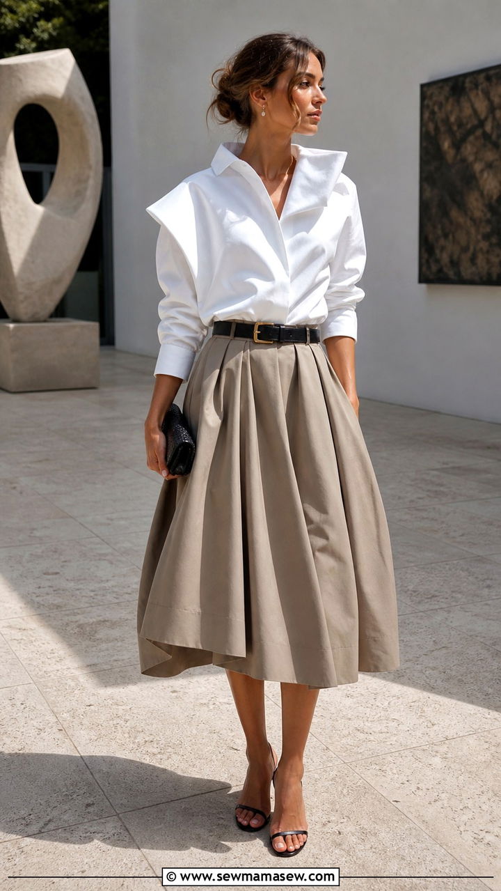 Taupe Midi Skirt with a Sculptural White Button Down - 40 Neutral outfit ideas