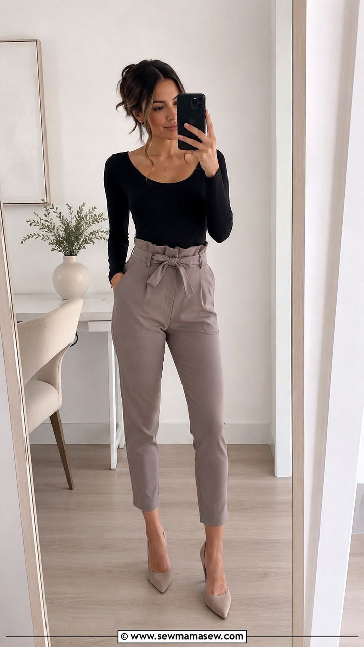 Taupe Paperbag Waist Pants With a Fitted Bodysuit - 25 Petite work outfit ideas with pants