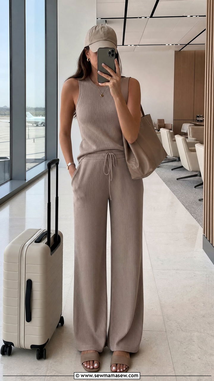 Taupe Ribbed Lounge Set Outfit - 30 summer monochrome outfit ideas