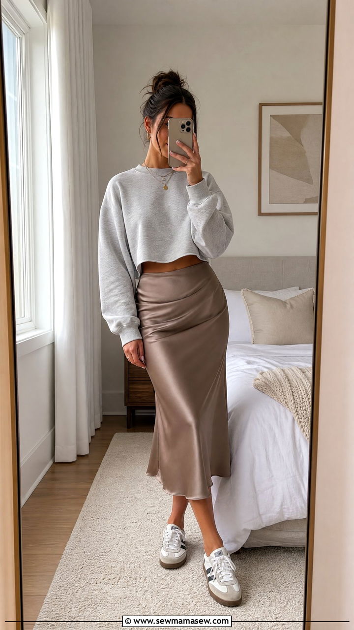Taupe Satin Midi Skirt With Sweatshirt and Retro Sneakers - 30 Satin midi skirt outfit ideas