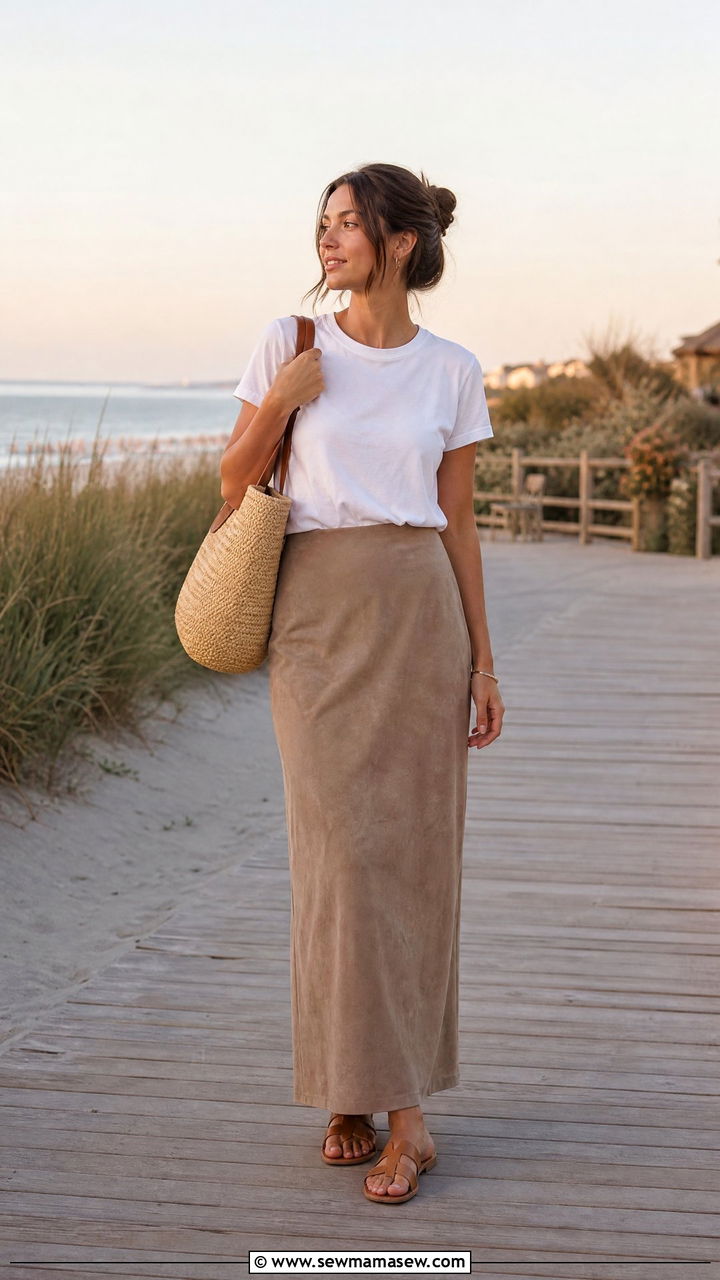 Taupe Suede Maxi Skirt With White T Shirt And Flat Sandals - 30 Summer suede outfits