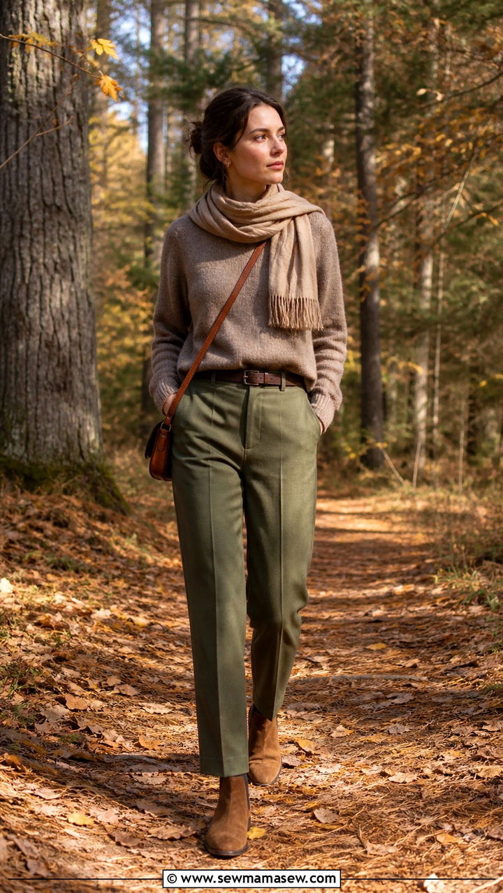 Taupe Sweater And Olive Green Trousers - 40 light academia outfits ideas