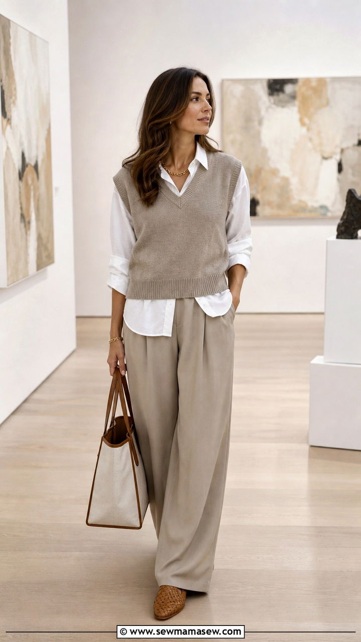 Taupe Sweater Vest And Wide Leg Trouser Set - 40 matching set outfit ideas for women