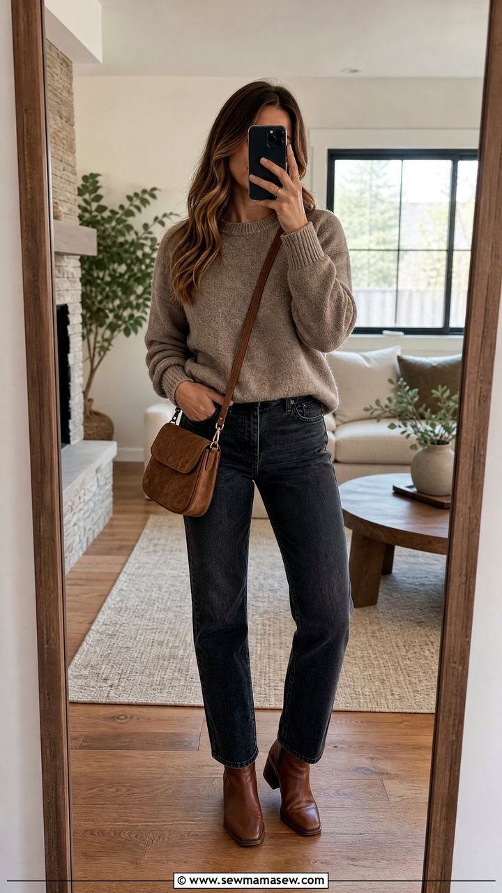 Taupe Sweater with Dark Jeans - 30 Earth tone outfit ideas
