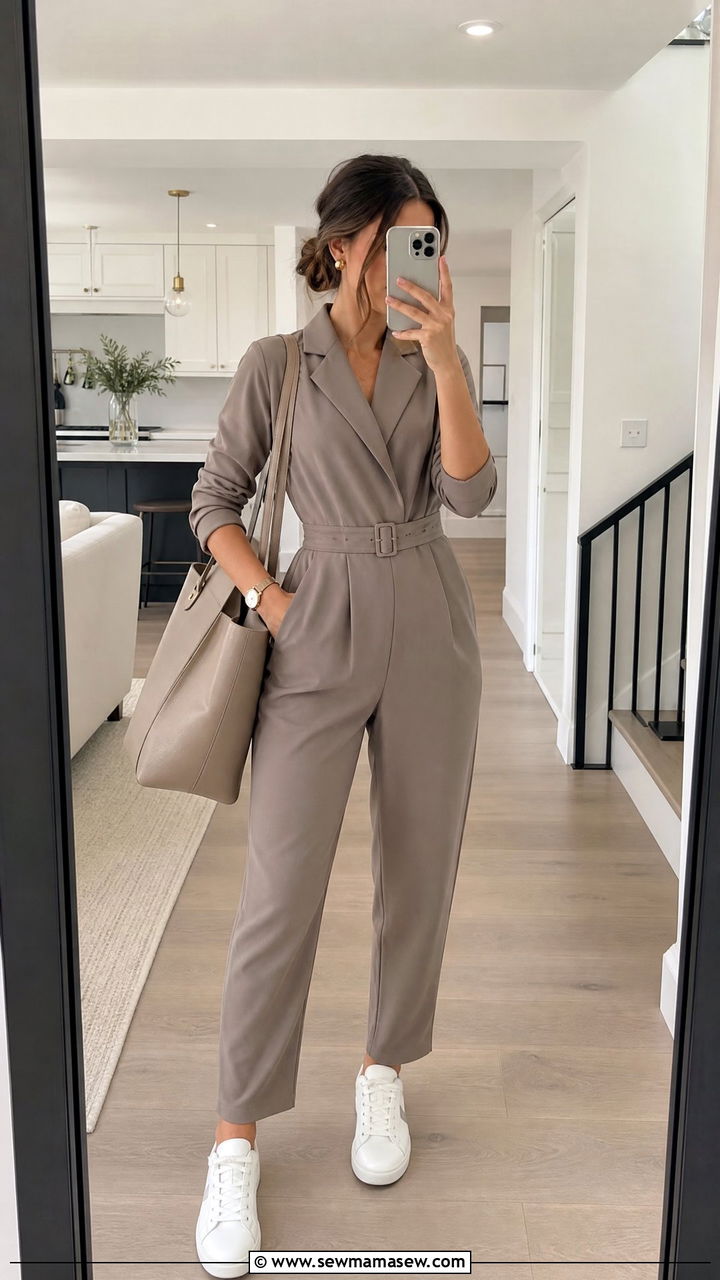 Taupe Tailored Jumpsuit With Sneakers - 30 clean girl outfits to copy