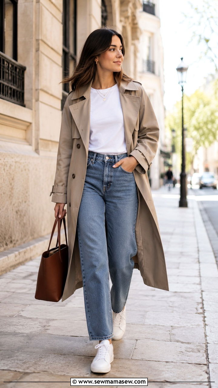 Taupe Trench Coat Over White Tee And Blue Jeans - 30 casual clean girl outfits