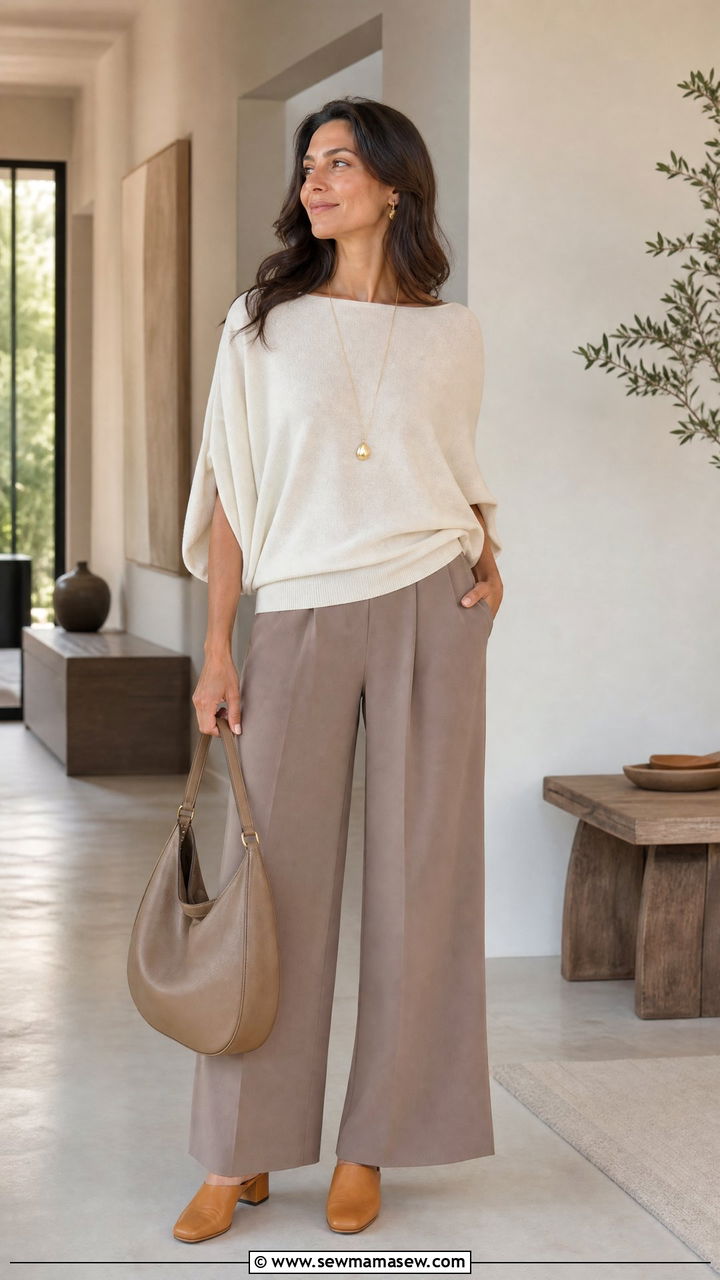 Taupe Wide Leg Pants and Cream Dolman Top - 35 Minimalist summer outfits
