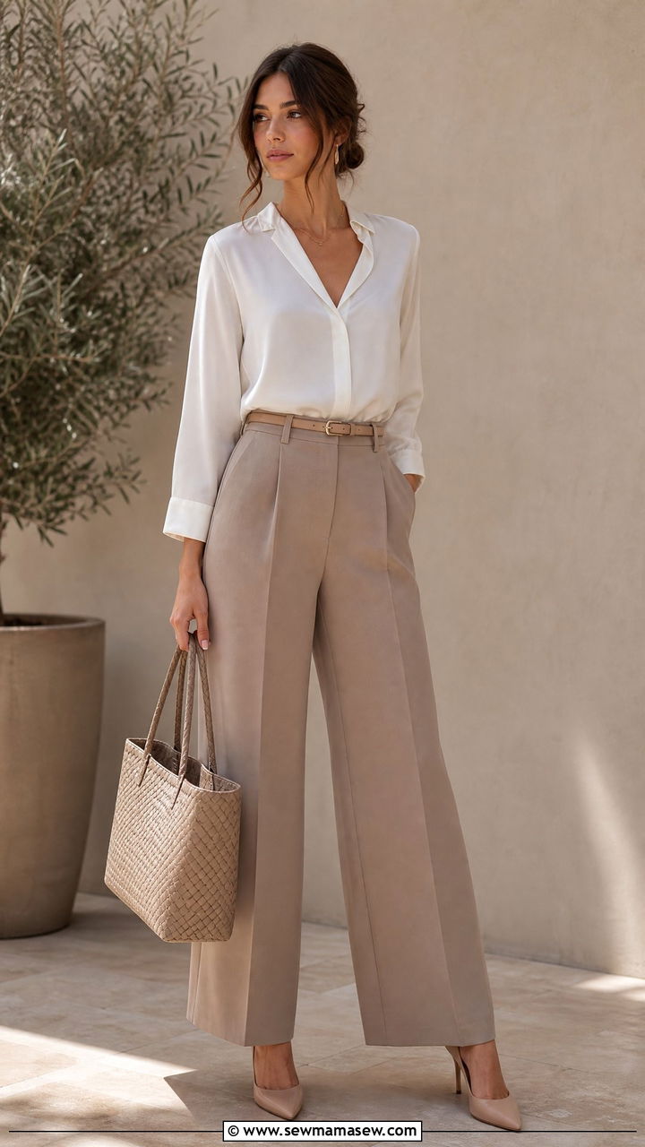 Taupe Wide Leg Pants with White Blouse - 30 elegant outfit ideas for women