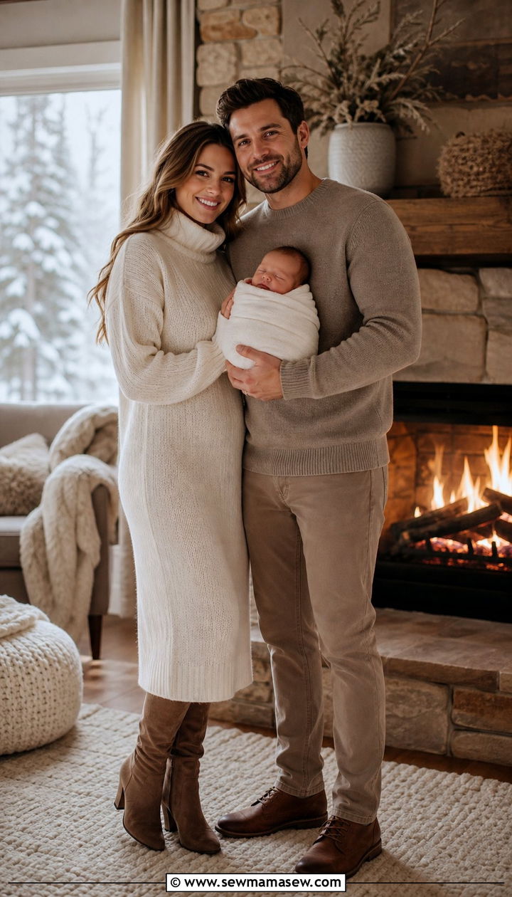 Taupe and ivory family outfit for newborn winter photos - 25 Family photo outfit ideas with newborn