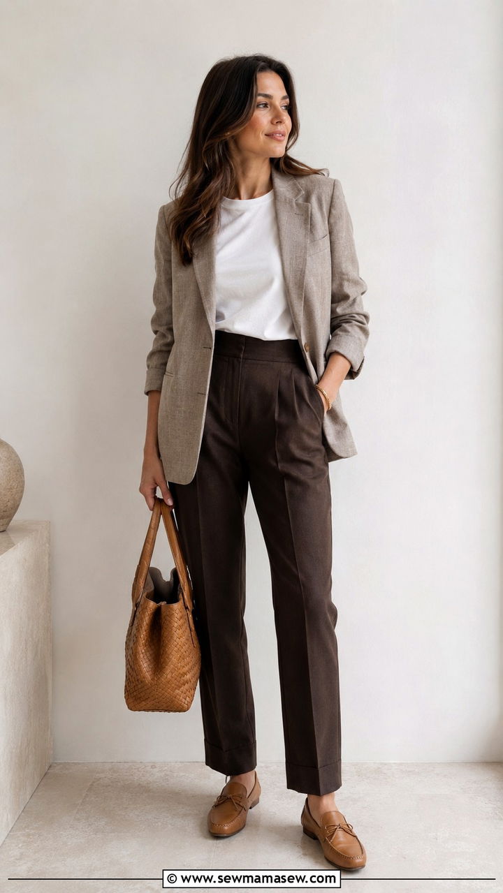 Taupe blazer with ivory tee and chocolate trousers - 30 quiet luxury capsule wardrobe outfits