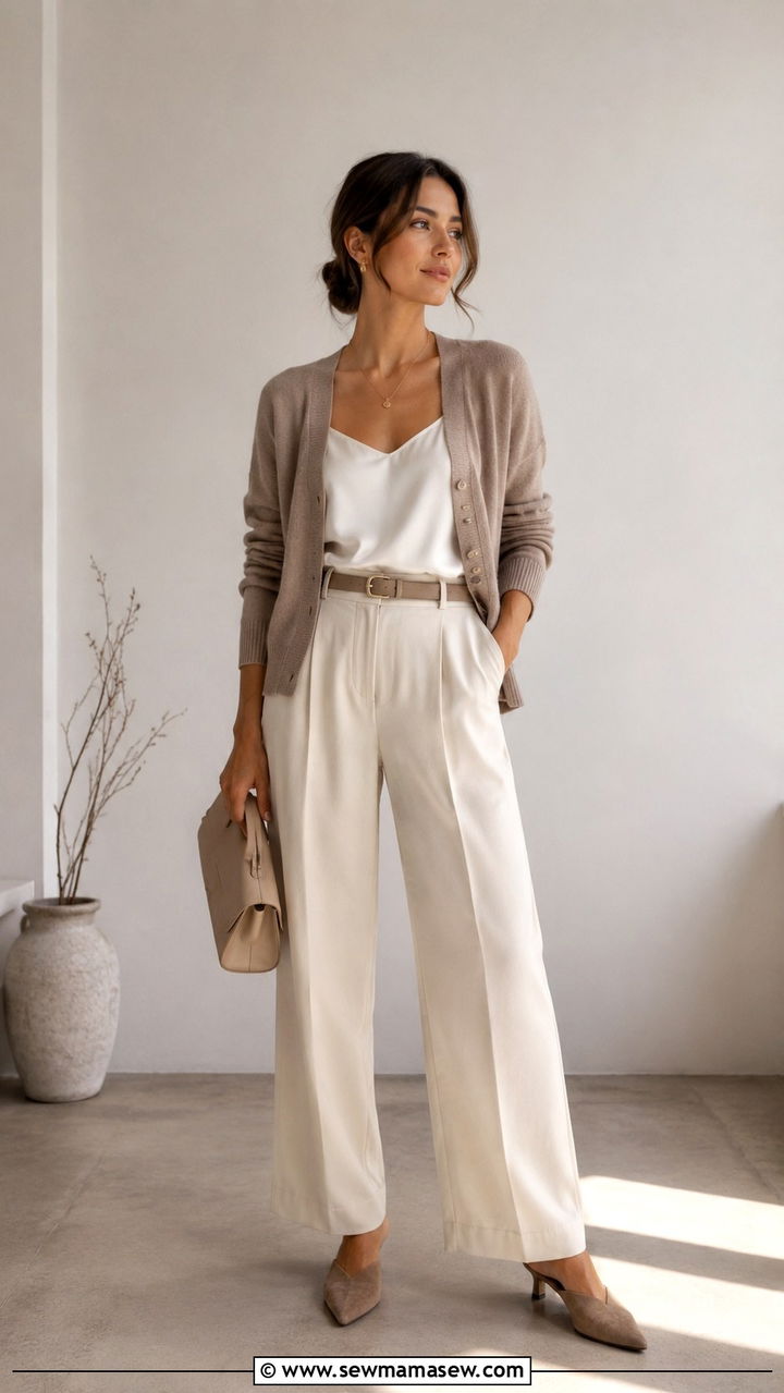 Taupe cashmere cardigan with ivory camisole and cream trousers - 30 quiet luxury capsule wardrobe outfits