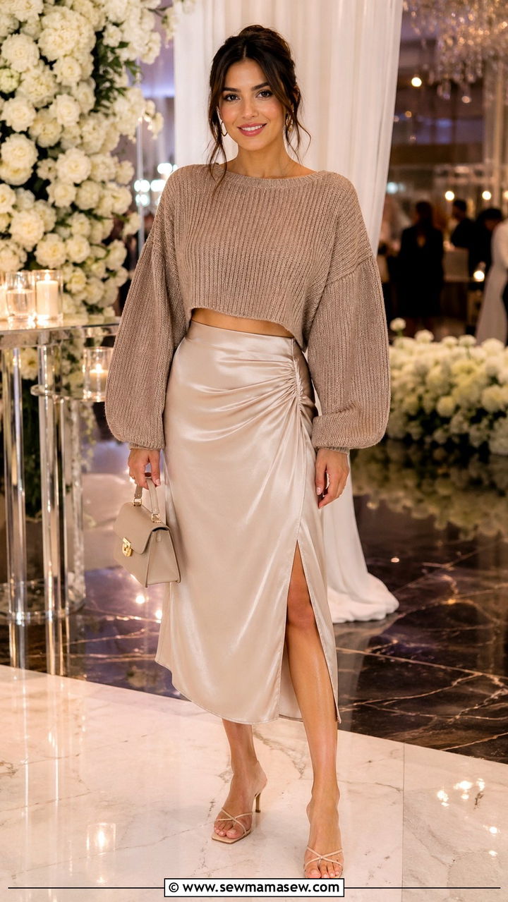 Taupe cropped sweater and high waist midi skirt outfit - 40 All taupe outfit ideas