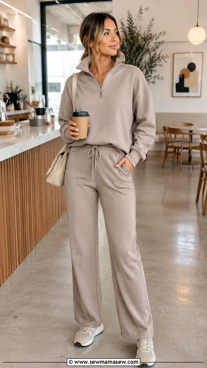Taupe half zip pullover with straight leg joggers - 30 Loungewear outfit ideas 2026