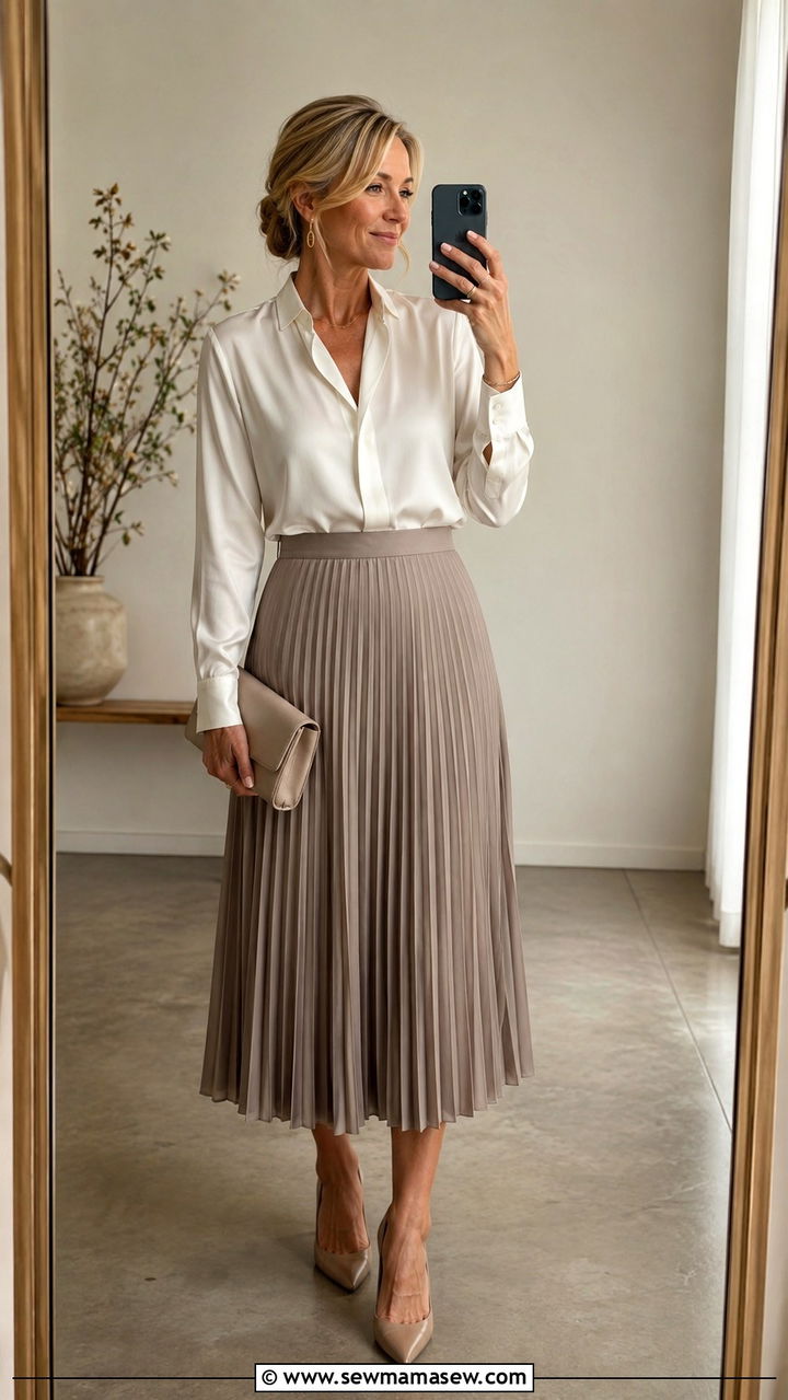 Taupe pleated midi skirt with silk blouse - 25 Wedding guest outfit ideas for 60 year old
