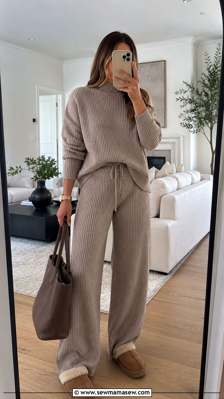Taupe ribbed sweater and wide leg lounge pants - 30 Sweater and pants matching set outfit ideas