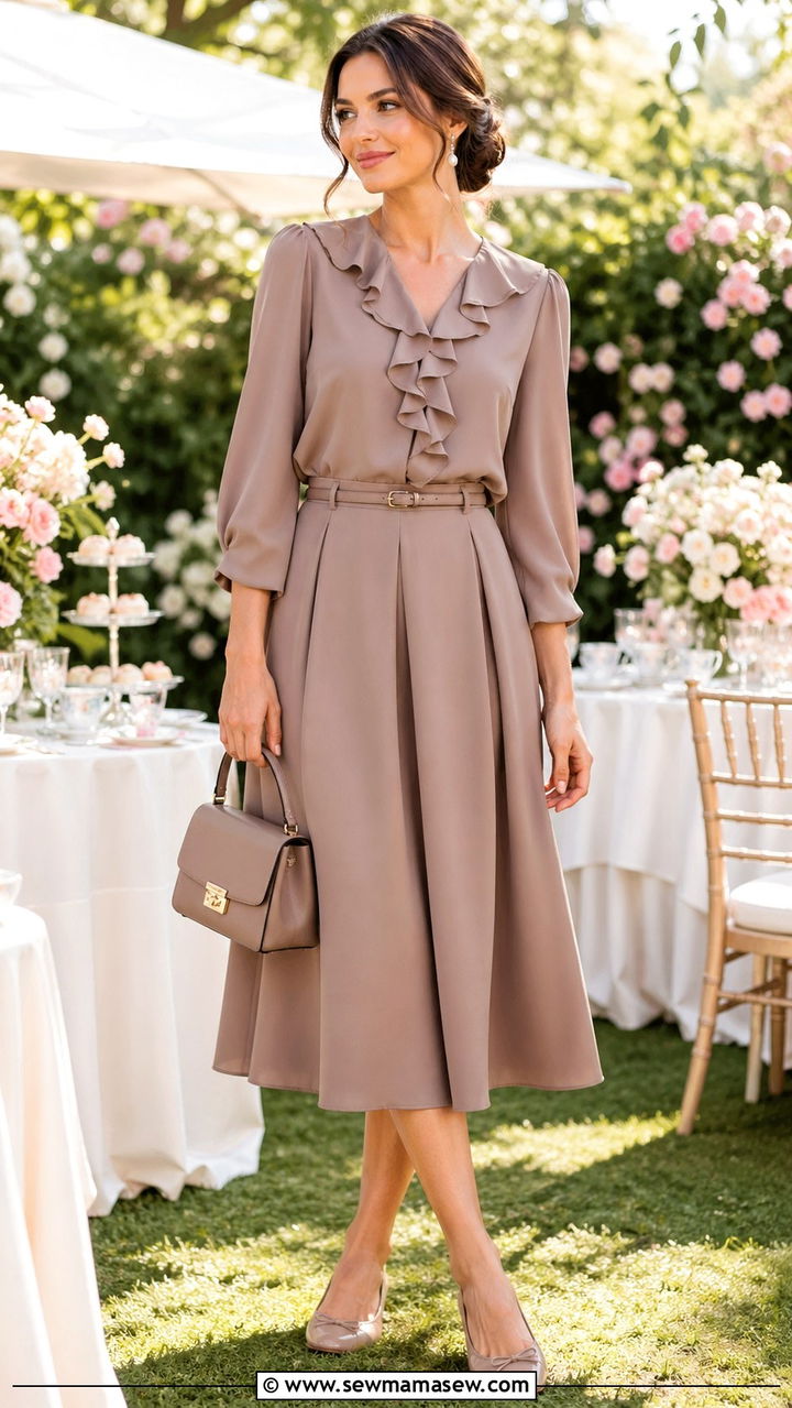 Taupe ruffle blouse and A line midi skirt outfit - 40 All taupe outfit ideas
