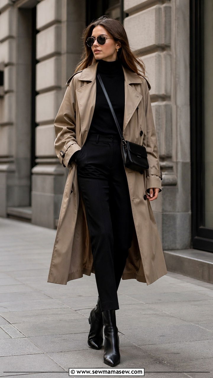 Taupe trench coat over all black outfit - 40 All taupe outfit ideas