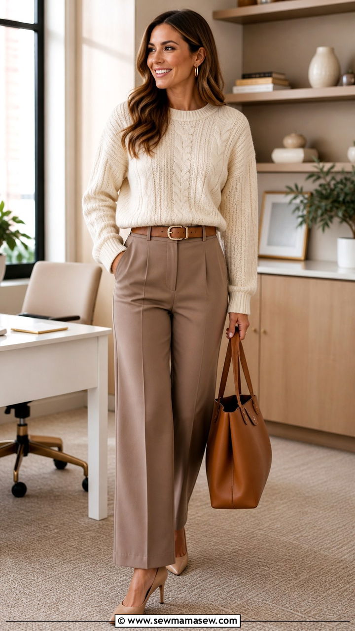 Taupe trousers and cream knit top - 40 classy office outfits