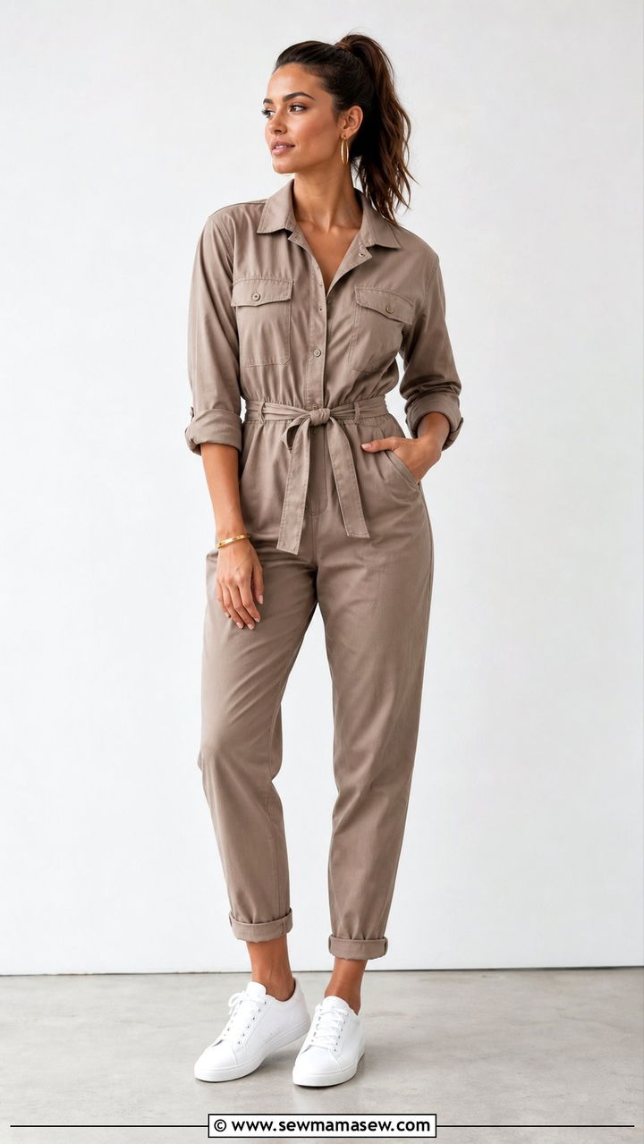Taupe utility jumpsuit and white sneakers - 25 cute clean girl outfits