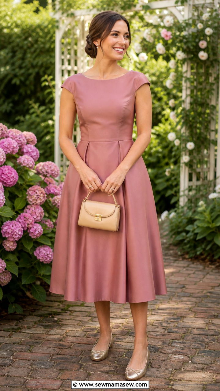 Tea Length A Line Dress With Ballet Flats - 40 Garden wedding guest outfit ideas