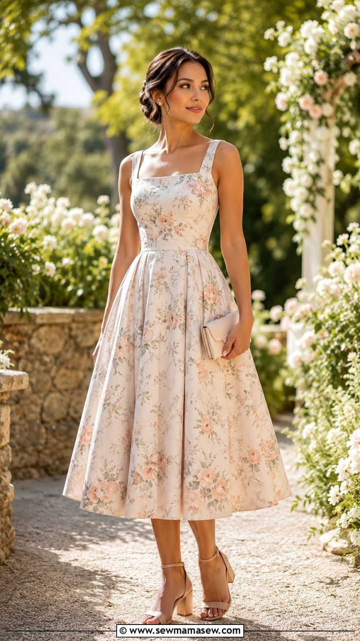 Tea Length Dress With Heeled Sandals - 25 Wedding guest outfit ideas 5'4