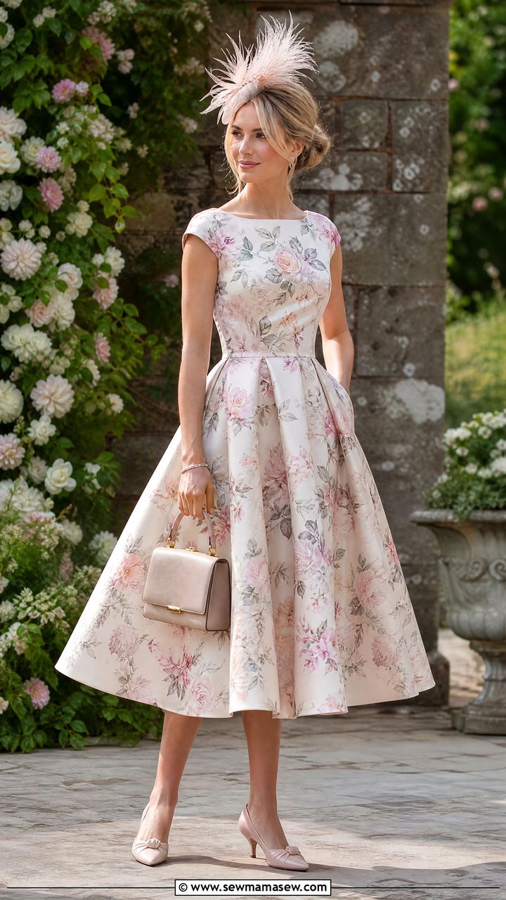 Tea Length Dress and Fascinator Wedding Outfit - 30 classy summer wedding guest outfit ideas