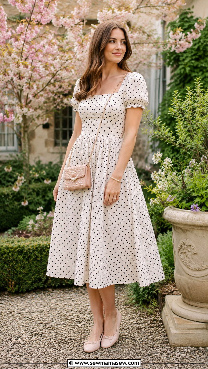 Tea Length Dress with Delicate Flats - 30 cute spring wedding guest outfits