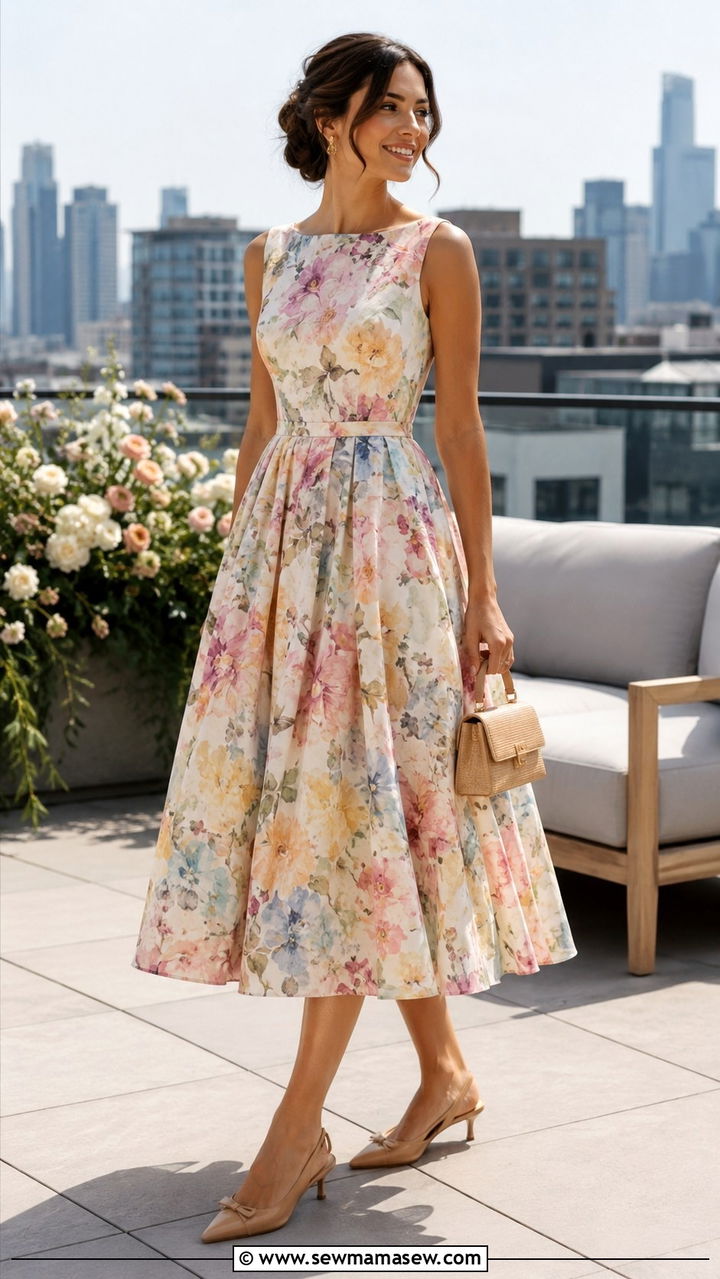Tea Length Dress with Kitten Heels for Rooftop Wedding Guest - 30 Rooftop wedding guest outfit ideas