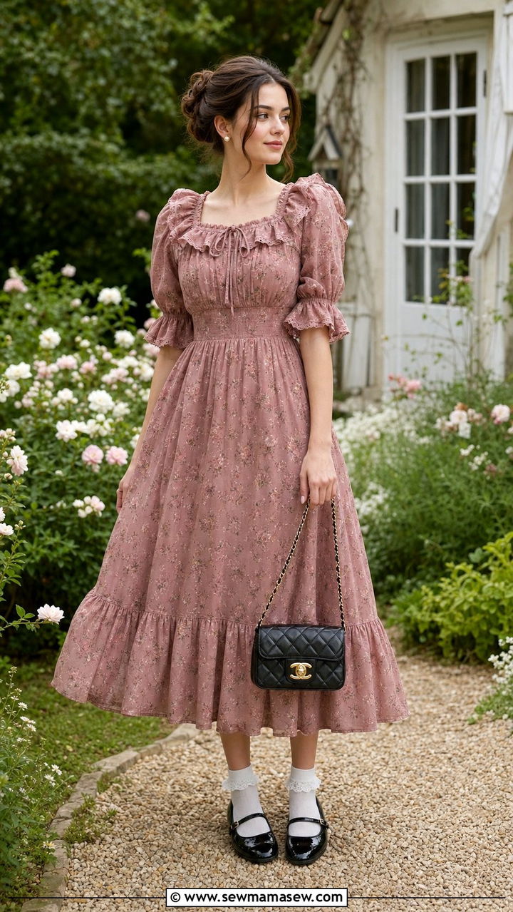 Tea Length Dress with Mary Jane Shoes - 25 cottagecore capsule wardrobe outfits