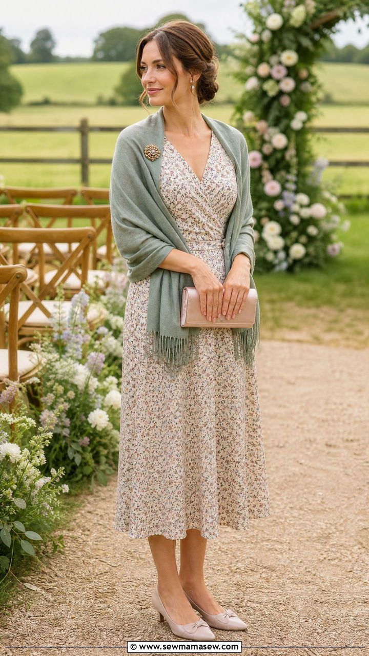 Tea Length Dress with Wrap Shawl and Low Heels - 25 Farm wedding guest outfit ideas