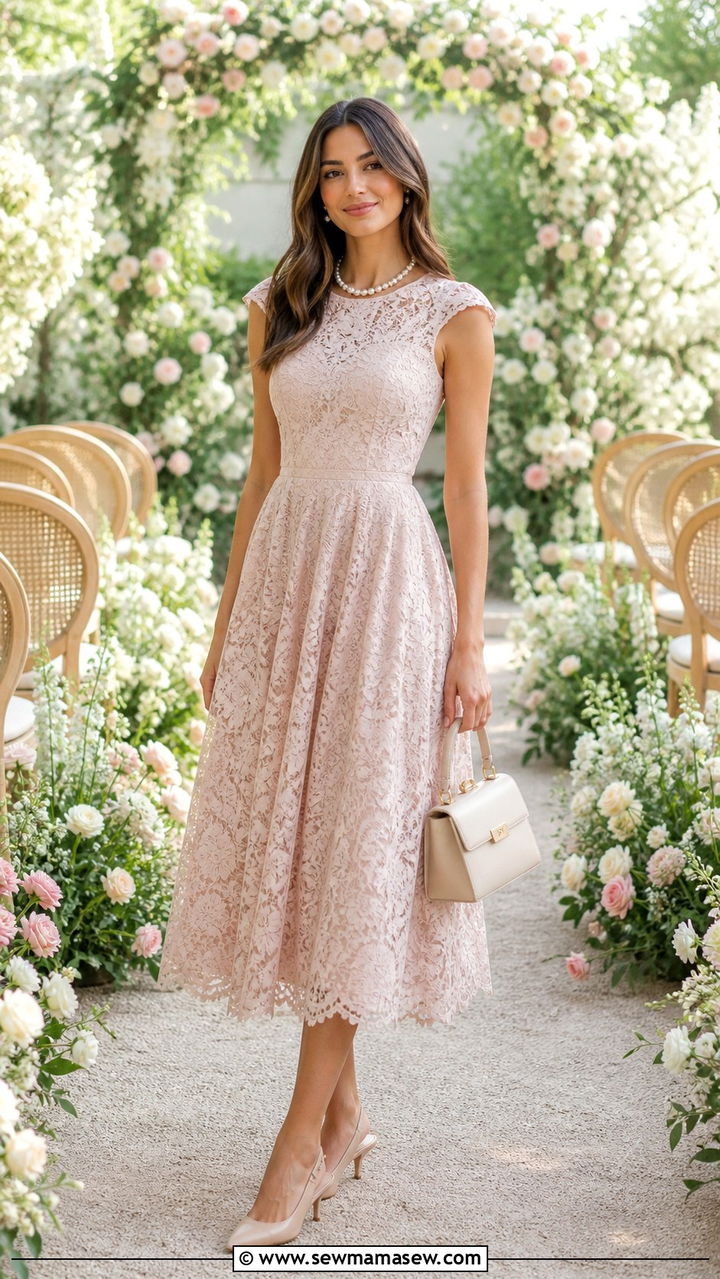 Tea Length Lace Dress With Kitten Heels And Pearl Necklace - 40 Casual wedding guest outfits