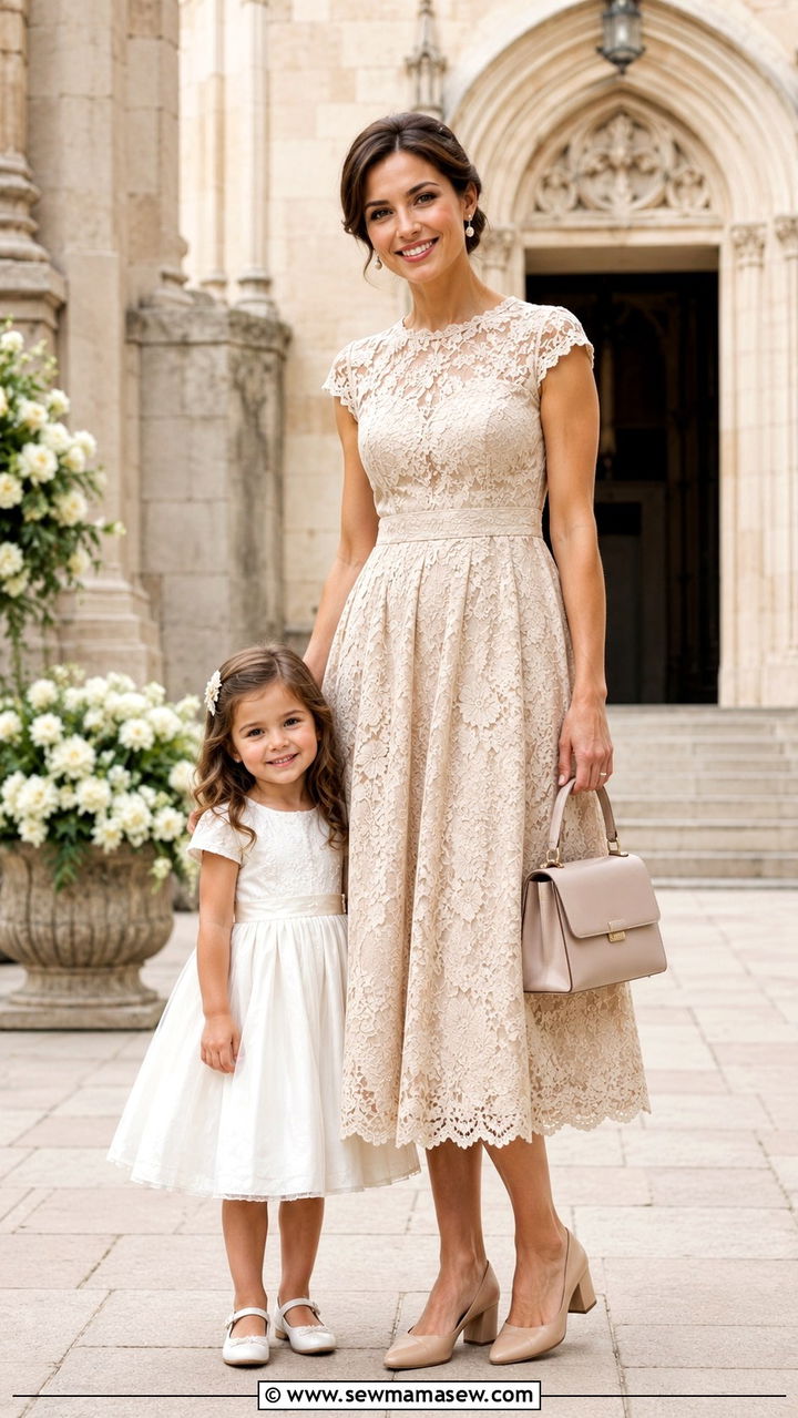 Tea Length Lace Dress With Pearl Accessories - 25 Wedding guest outfit ideas with kids in tow