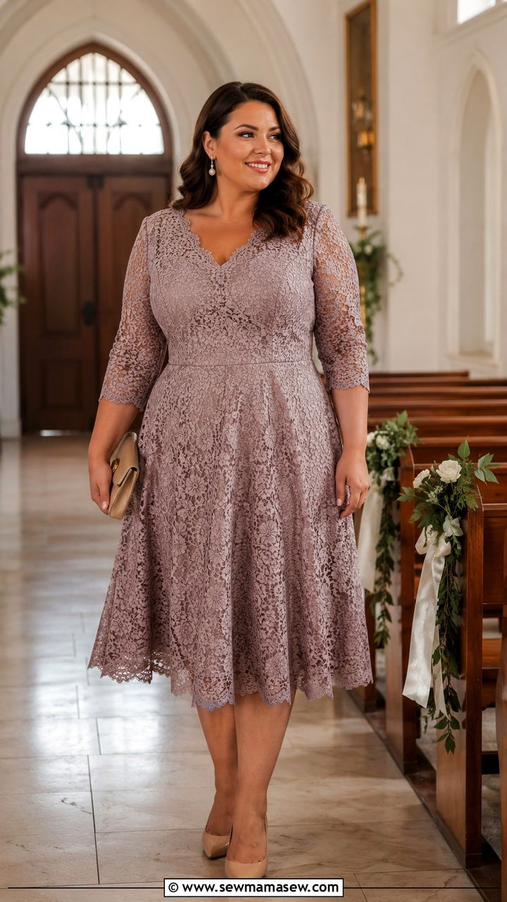 Tea Length Lace Dress With Pumps - 25 Wedding guest outfit ideas for plus size mom